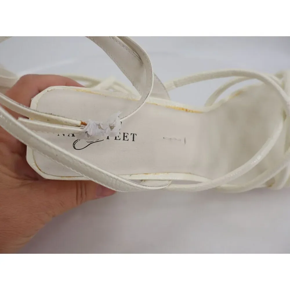 Naked Feet Mood Heeled Strappy Sandal Size 11 Ivory Vegan Patent Block Heel